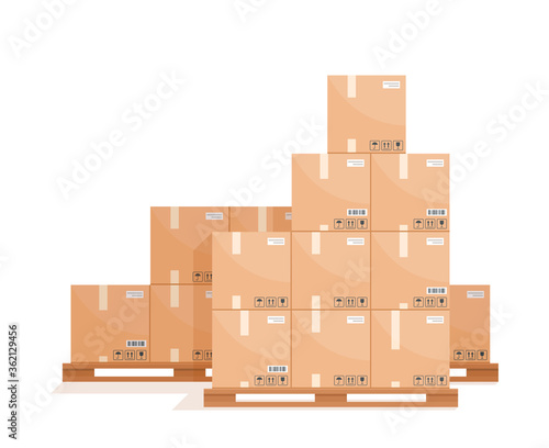 Vector cardboard packaging boxes in flat cartoon style. Boxes pallet with barcode, pictograms and text stickers. Wood pallet with cardboard box in factory storage. Warehouse storage for delivery.