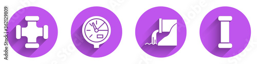 Set Industry metallic pipe, Water meter, Wastewater and Industry metallic pipe icon with long shadow. Vector.