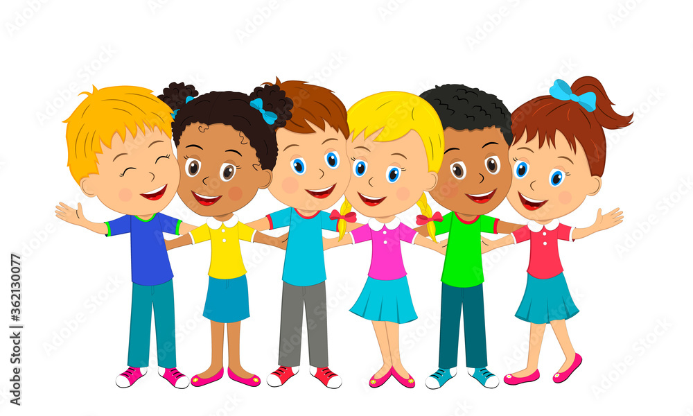 kids,boys and girls are standing and hug each other,illustration,vector kids,boys and girls are standing and hug each other,illustration,vector