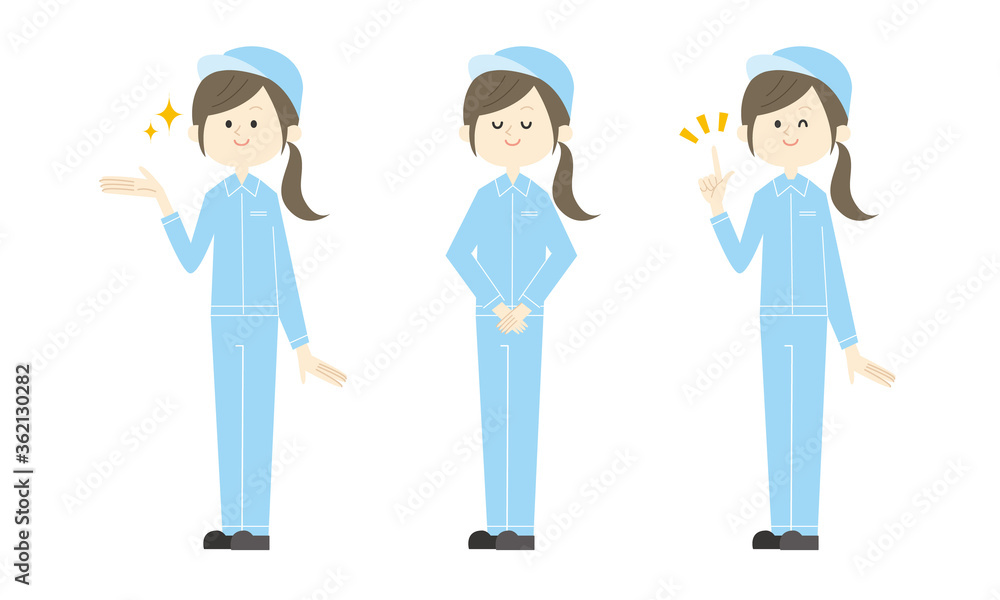 女性工場作業員セット(手で指し示す・お辞儀・指差し)ベクターイラスト 女性工場作業員セット(手で指し示す・お辞儀・指差し)ベクターイラスト