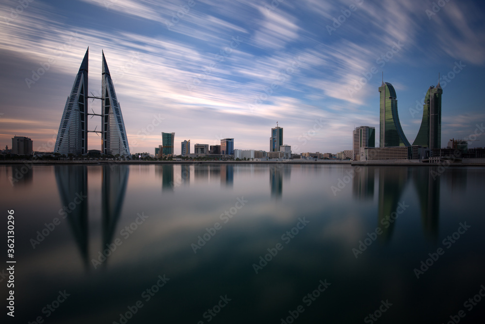 The Bahrain skyline on cloudy day, a long exposure image showing streaks of cloud