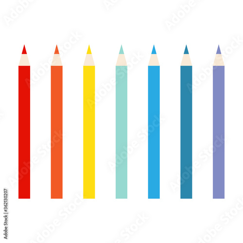 Set of ten colored pencils on white background. Flat Vector illustration.