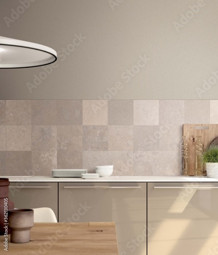 Modern room with brown tiles  kitchen  seamless design  luxurious interior background. 