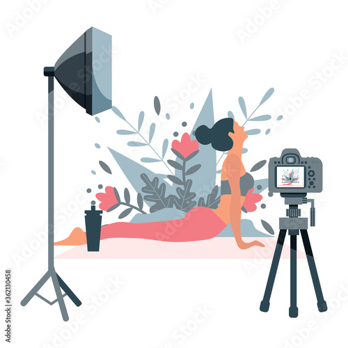 Video blogger recording video with camera and light. Vlog concept.
Cute vector illustration in flat style
