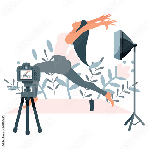 Video blogger recording video with camera and light. Vlog concept.
Cute vector illustration in flat style
