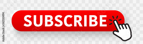 Subscribe red button with hand cursor. Smartphone social media interface - stock vector.
