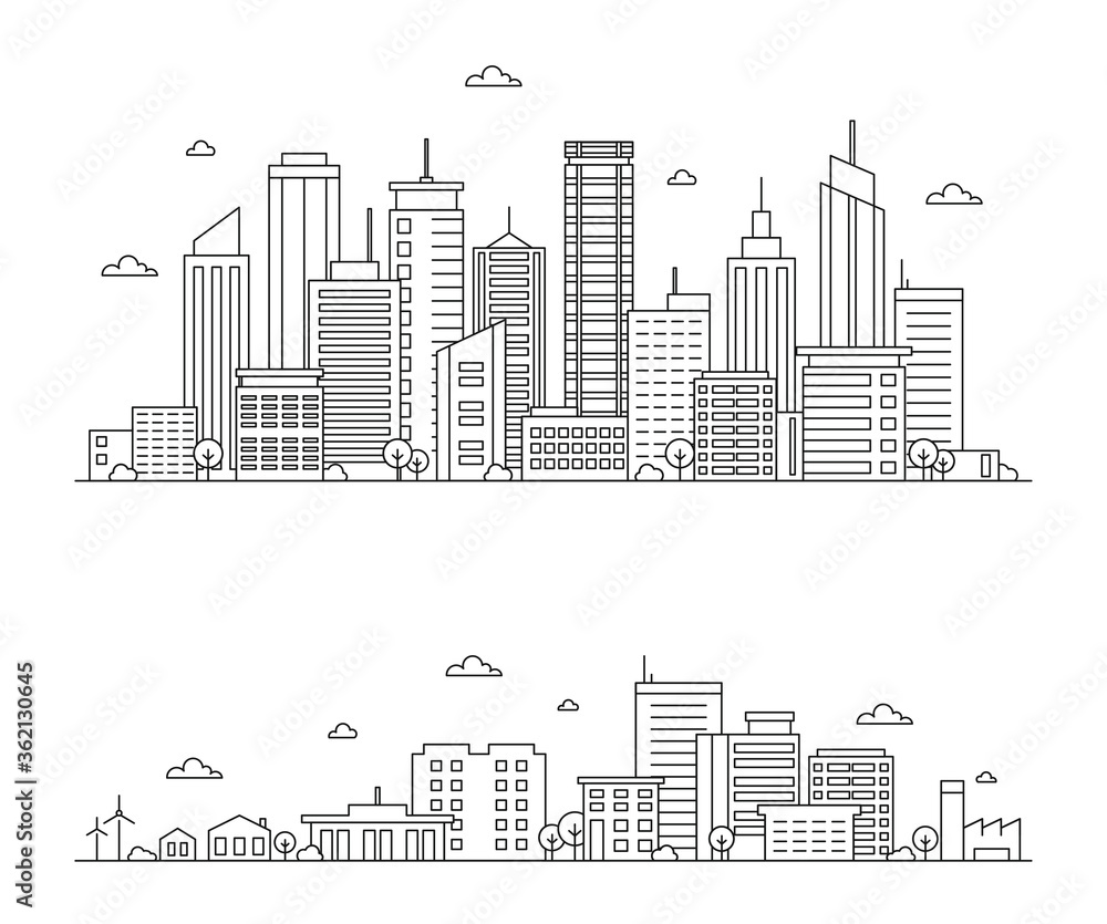 Vector illustration of outline city landscape. Urban and rural life with  skyline city office buildings, skyscraper, trees, factory, windmill. Сity panorama on white background. Downtown landscape.