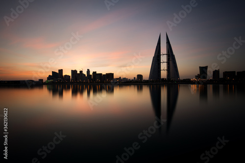 The Bahrain skyline with beautiful hue in the sky, a view from Bahrain bay