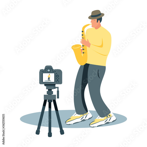 Video blogger recording video with camera and light. Vlog concept.
Cute vector illustration in flat style
