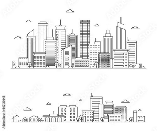 Vector illustration of outline city landscape. Urban and rural life with  skyline city office buildings, skyscraper, trees, factory, windmill. Сity panorama on white background. Downtown landscape.