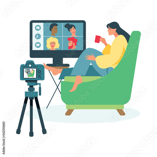 Video blogger recording video with camera and light. Vlog concept.
Cute vector illustration in flat style
