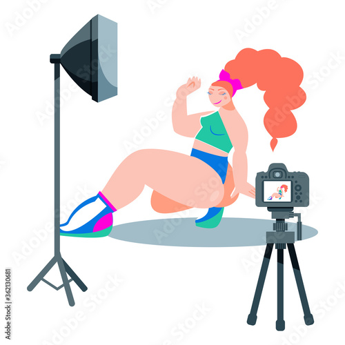 Video blogger recording video with camera and light. Vlog concept.
Cute vector illustration in flat style
