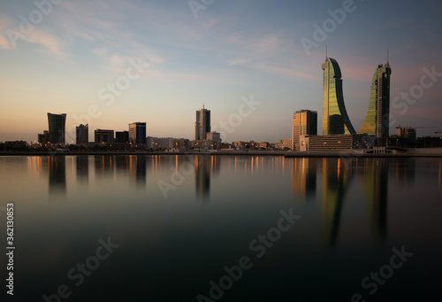 The Bahrain skyline with beautiful hue in the sky  a view from Bahrain bay