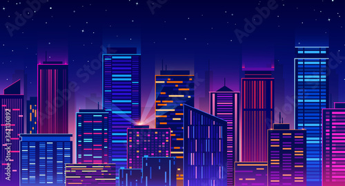 Vector illustration of futuristic night city, cityscape with bright and glowing neon lights. City urban skyline with skyscrapers, megapolis, buildings, downtown panorama background. Vivid colors.