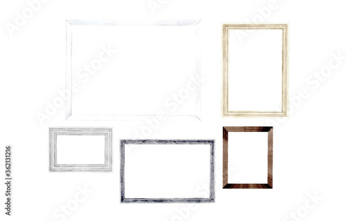 Hand drawn watercolor illustration with decorative composition of square picture frames. Isolated objects on white background. Use as mock up, clip art, exhibition, image, room decor, poster element.