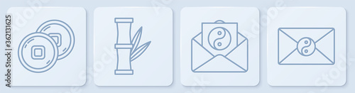Set line Chinese Yuan currency, Yin Yang and envelope, Bamboo and Yin Yang and envelope. White square button. Vector.