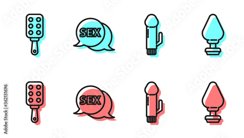 Set line Dildo vibrator, Spanking paddle, Speech bubble with Sex and Anal plug icon. Vector.