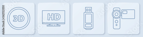 Set line 3D word, USB flash drive, Smart display with HD video and Cinema camera. White square button. Vector.