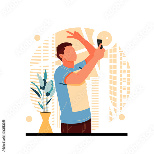 portrait of a man take a selfie, flat design concept, vector illustration