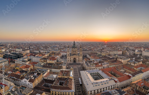 Aerial drone shot of St. Stephen Basilica at Budapest dawn sunrise in morning