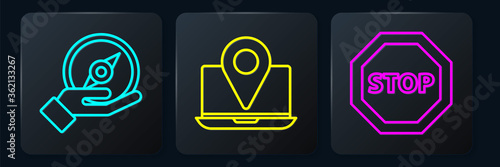 Set line Compass, Stop sign and Laptop with location marker. Black square button. Vector.