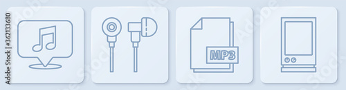 Set line Musical note in speech bubble, MP3 file document, Air headphones and Voice assistant. White square button. Vector.