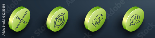 Set Isometric Drum sticks, Stereo speaker, Music streaming service and Musical note in speech bubble icon. Vector.