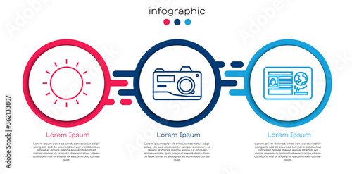 Set line Sun, Photo camera and Passport with visa stamp. Business infographic template. Vector.