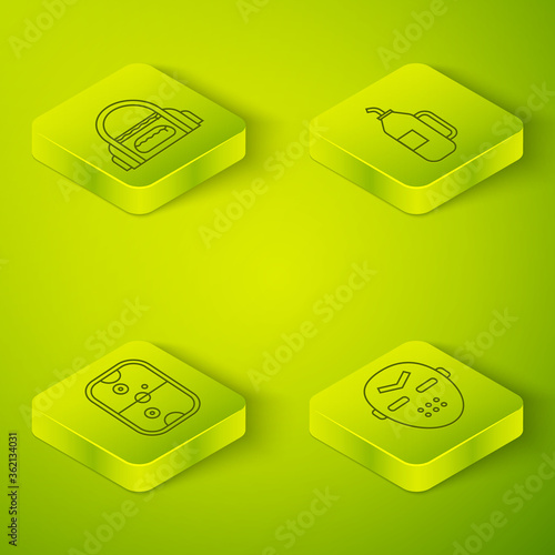 Set Isometric Fitness shaker, Air hockey table, Hockey mask and Sport bag icon. Vector.