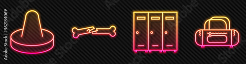 Set line Locker or changing room, Mallet for playing air hockey, Human broken bone and Sport bag. Glowing neon icon. Vector.