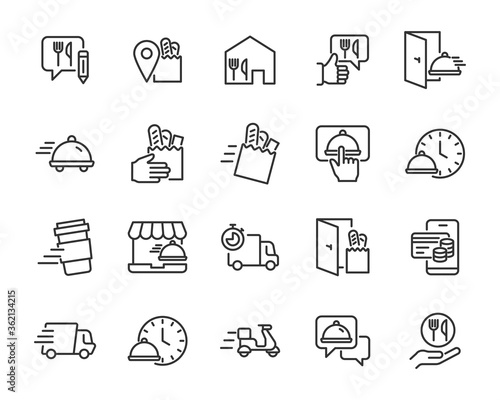 set of food delivery icons, restaurant, menu, customer service