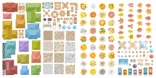 Vector set. Autumn city landscape. Top view. Pavement, houses, furniture, road, cars, people, trees and leaves. View from above. 