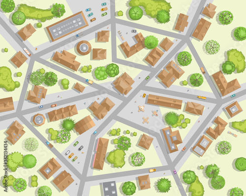 Vector illustration. City top view. Streets, houses, buildings, roads, crossroads, trees, cars. Cityscape. (view from above) 