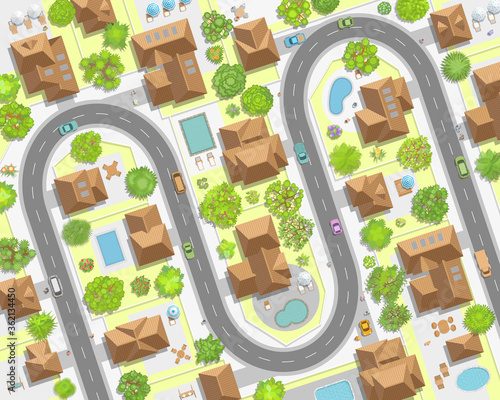 Vector illustration. Cityscape. Top view. The city with streets, houses, roads, cars. View from above.