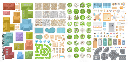 Vector set for a cityscape. Top view. Collection for landscape design, plan, maps. Sidewalk, playground, houses, road, cars, people, home, trees, pools. View from above. 