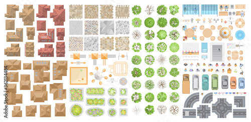 Vector set for a cityscape. Top view. Collection for landscape design, plan, maps. Sidewalk, playground, houses, road, cars, people, home, trees, flower beds. View from above. 