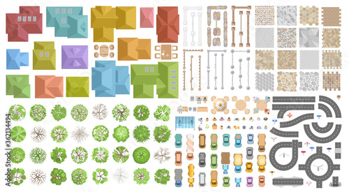 Set of landscape elements. Houses, architectural elements, plants. Top view. Road, cars, people, houses, trees, fence, tile. View from above. 