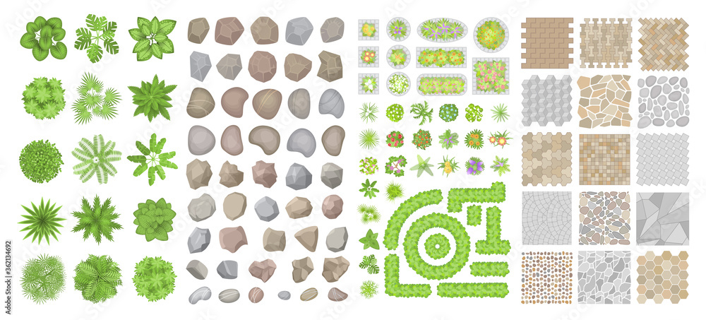 Set of park elements. (Top view) Collection for landscape design, plan, maps. (View from above) Pavements, stones, trees, flower beds.