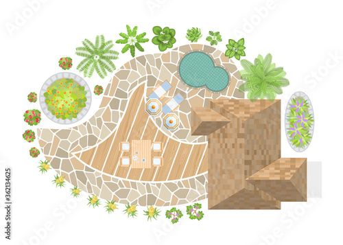 Vector illustration. Modern garden design. Top view. Landscape design. View from above.
