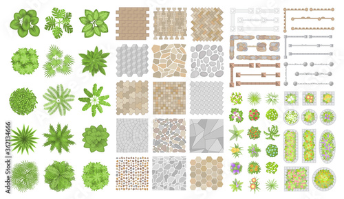 Set of park elements. (Top view) Collection for landscape design, plan, maps. (View from above) Pavements, trees, flower beds.