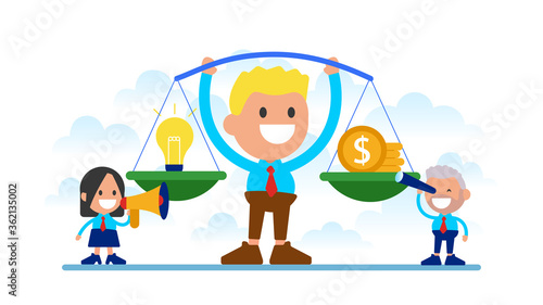 Businessman holds dumbbells with a light bulb and money.
