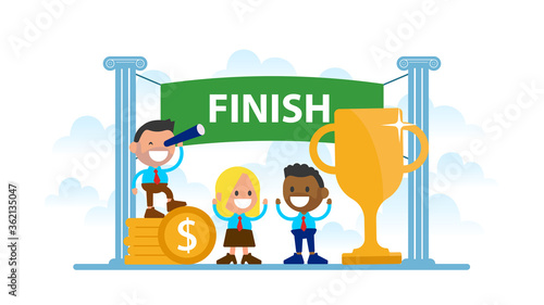 Business team crossing finish line first.
