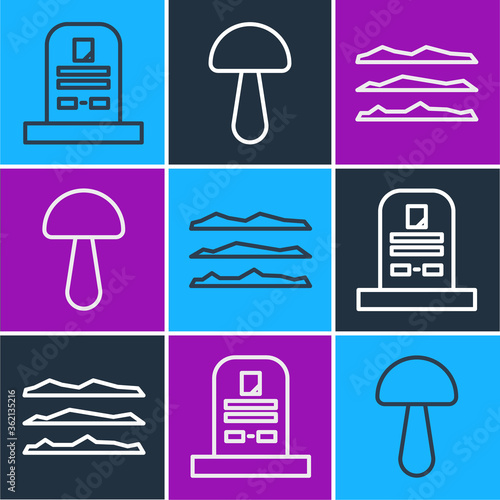 Set line Tombstone with RIP written, Cocaine or heroin drug and Psilocybin mushroom icon. Vector.