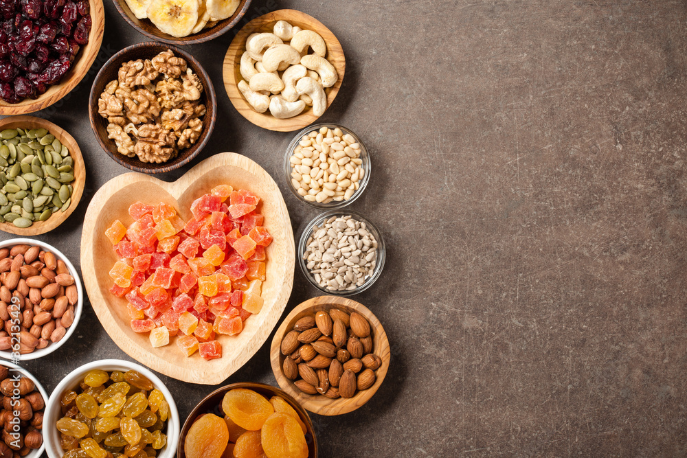 Healthy food. Nuts, dried fruits and seeds Healthy food. Nuts, dried fruits and seeds