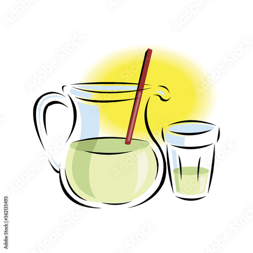 Refreshing lemonade illustration. Glass with straw and pitcher with lemons and ice cubes. Retro style illustration with vintage texture.