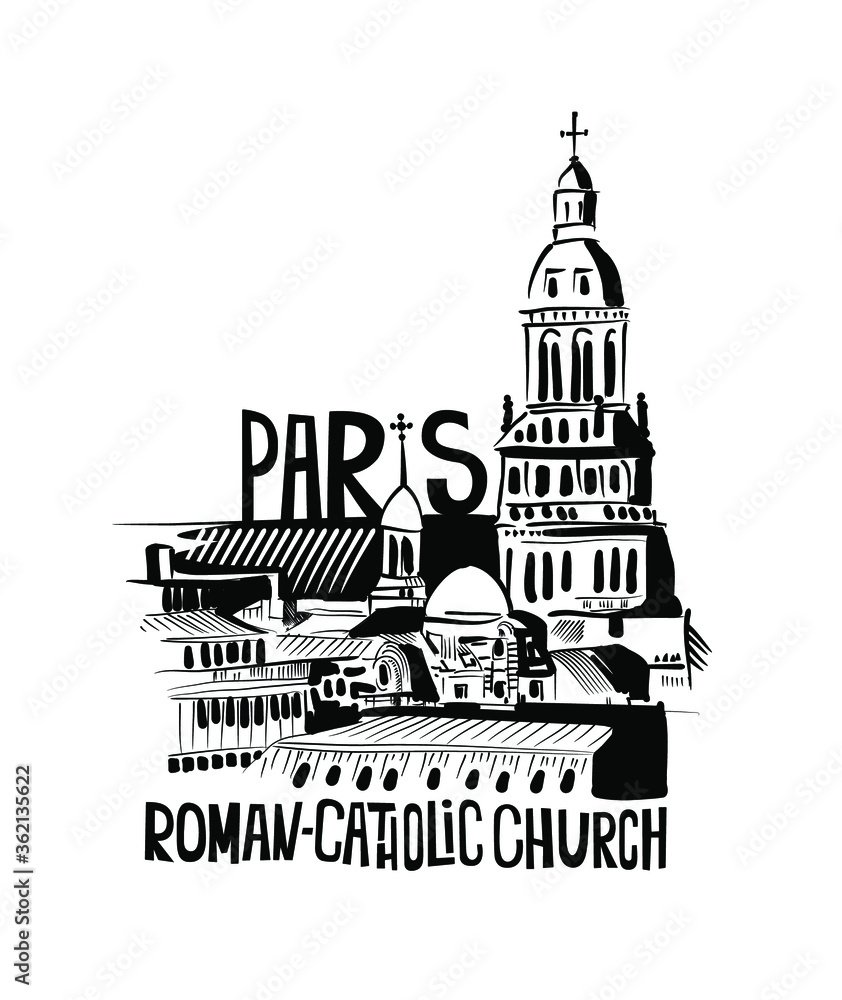 Roman catholic Paris church, Paris, France. Quick sketch by hand.
