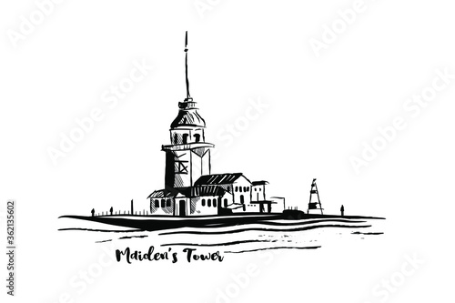 Maiden tower at dawn in Istanbul, Turkey. Quick sketch by hand
