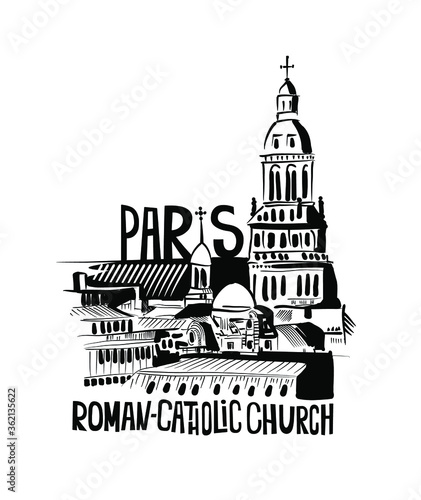 Roman catholic Paris church  Paris  France. Quick sketch by hand.