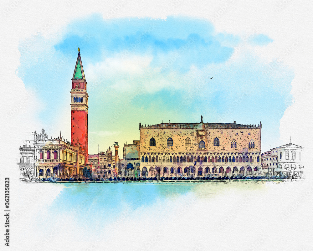 San Giorgio Island, Venice, Italy. Quick sketch by hand. 