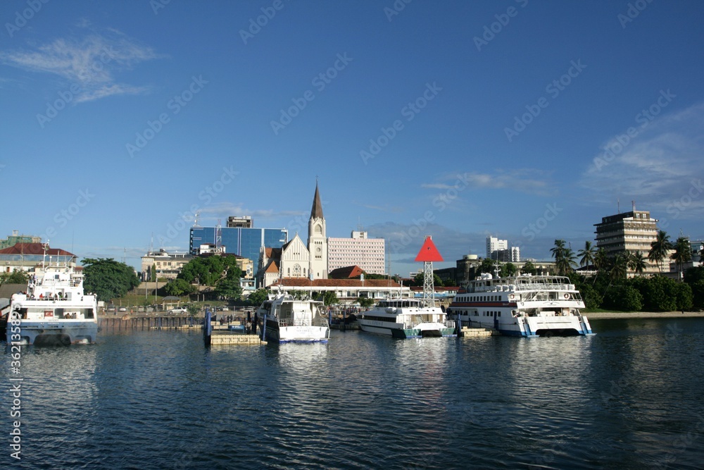 View from the sea to the Cathedral of St. Joseph in Dar es Salaam, Tanzania